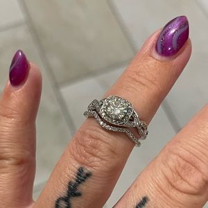 14K White Gold Round Moissanite & Diamond Engagement & Bridal ring set